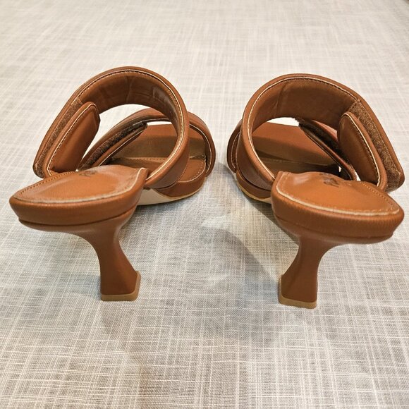 NWOT PUBLIC DESIRE Tan Velcro Double Strap Square Toe Heeled Kora Mules size 4 - Picture 2 of 10